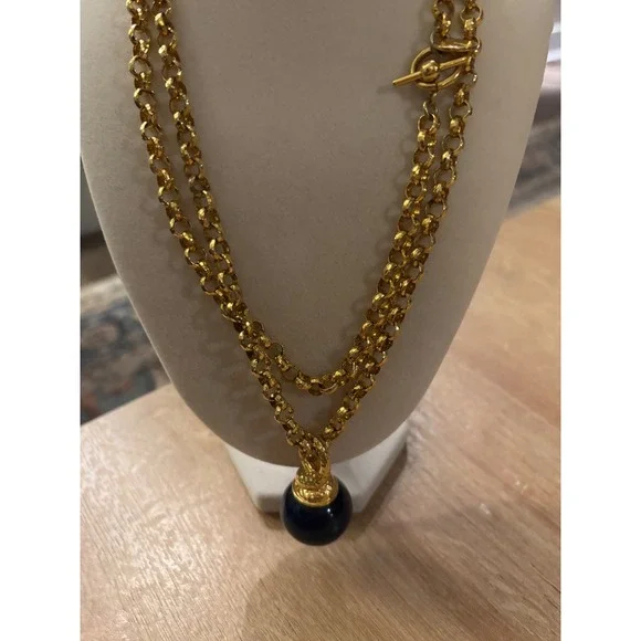 Anne Klein Gold Tone long Strand Rolo Chain Navy Blue Orb Pendant Necklace VTG - Picture 4 of 9